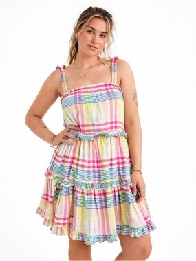 crown & ivy Pastel Plaid Tiered Mini Dress - Pink, Yellow, Blue, Green